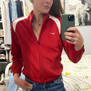 Nike Women's Red and White Vintage Red Nike Athletic Department Track Jacket